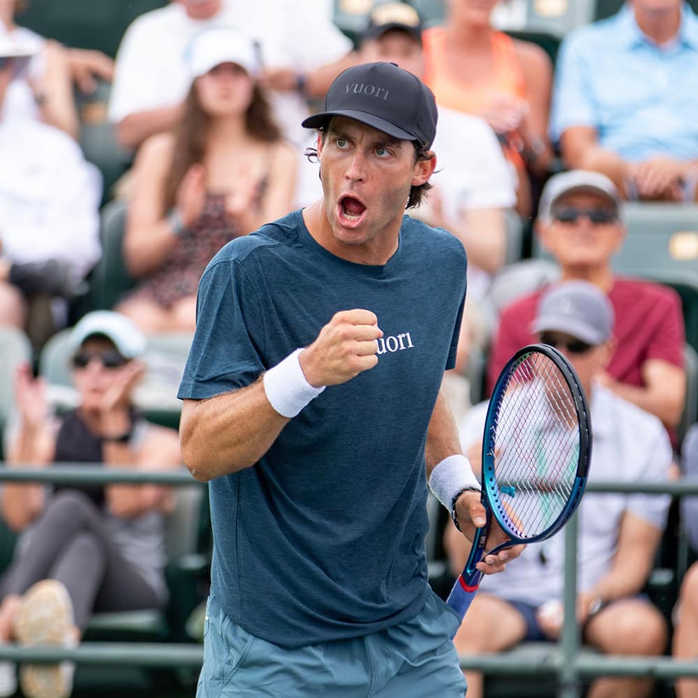 Tristan Boyer celebrating at point during his tennis match at BNP Paribas Open 2025.