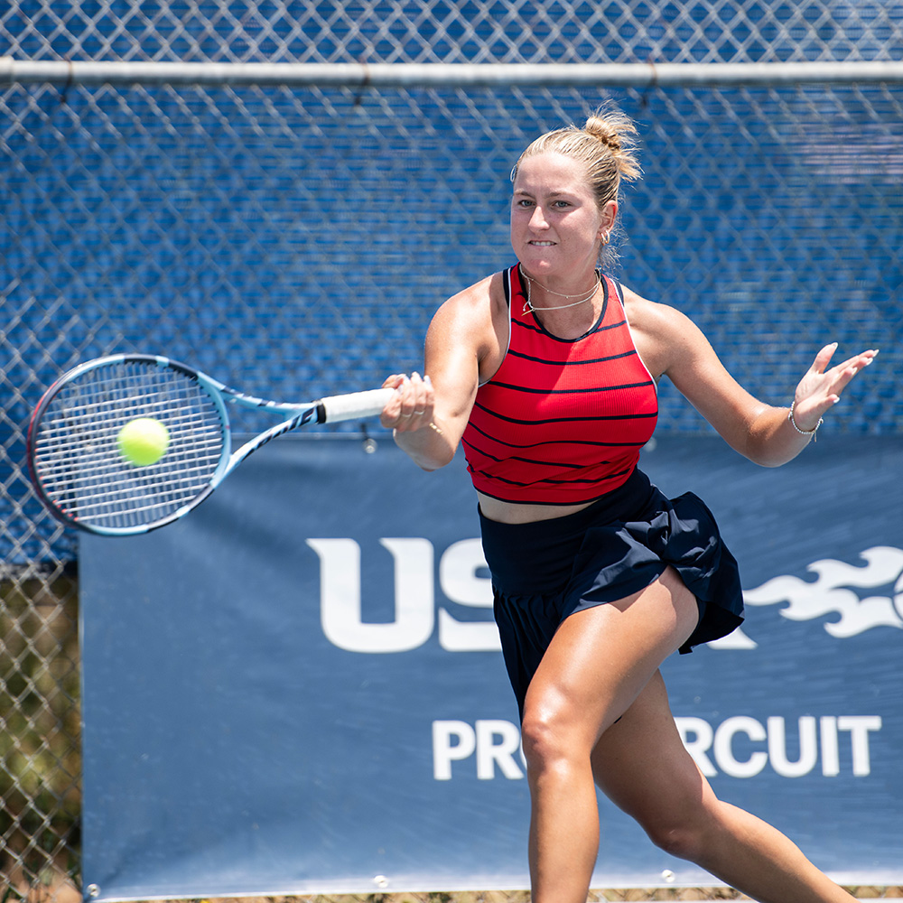 Anne-Christine Lutkemeyer hits a forehand at the Lakewood SoCal Pro Series Event