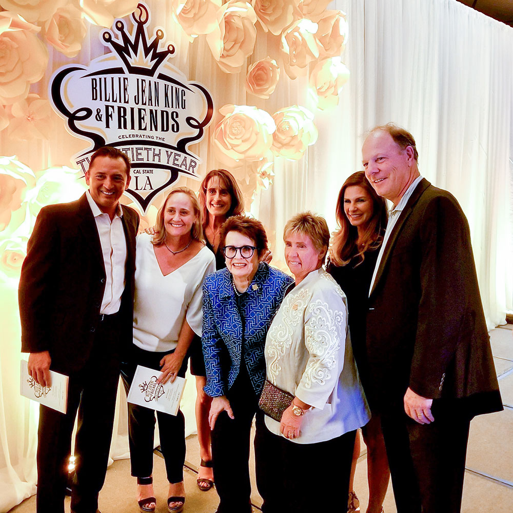 Fred Guerra at a Billie Jean King event with Cal State LA. Fred Guerra, Ashley Guerra, Maryanne Herrill, Billie Jean King, Rosie Casals, Jeanne Matthiessen, and John Matthiessen.