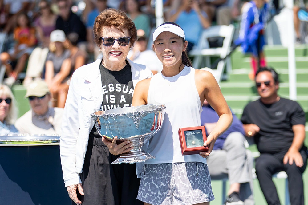 Billie Jean King presents Girls' 18s Singles Maureen Connolly Brinker Cup to Alyssa Ahn at the USTA National Championships in San Diego, California.