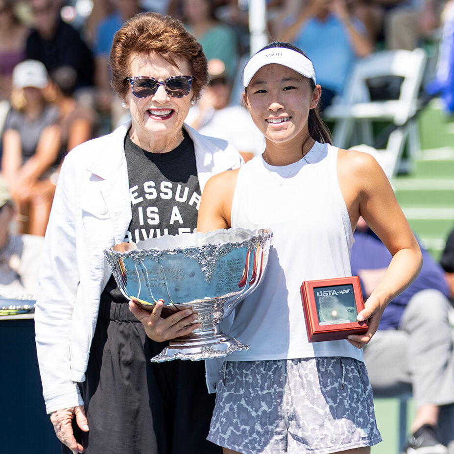 Billie Jean King presents Girls' 18s Singles Maureen Connolly Brinker Cup to Alyssa Ahn at the USTA National Championships in San Diego, California.