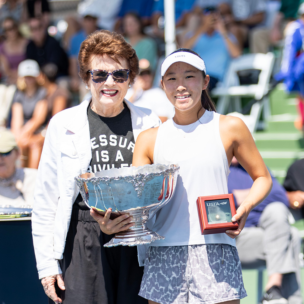 Billie Jean King presents Girls' 18s Singles Maureen Connolly Brinker Cup to Alyssa Ahn at the USTA National Championships in San Diego, California.