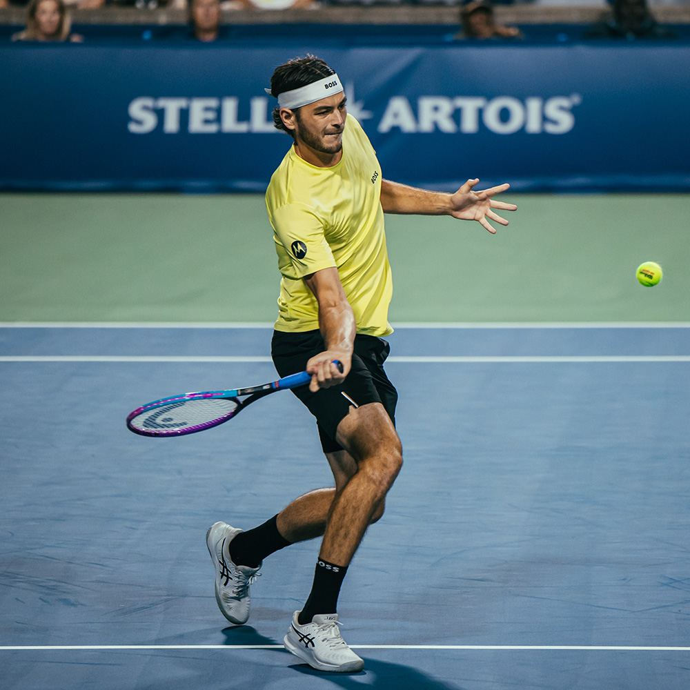 Taylor Fritz hits a powerful forehand at the Canada Open, Masters 1000 ATP Tour event.