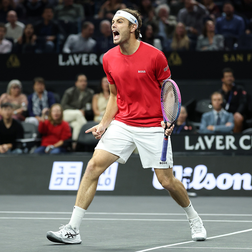 Taylor Fritz of Team World celebrates on court during his match against Carlos Alcaraz of Team Europe at Laver Cup 2025, Chase Center, San Francisco.