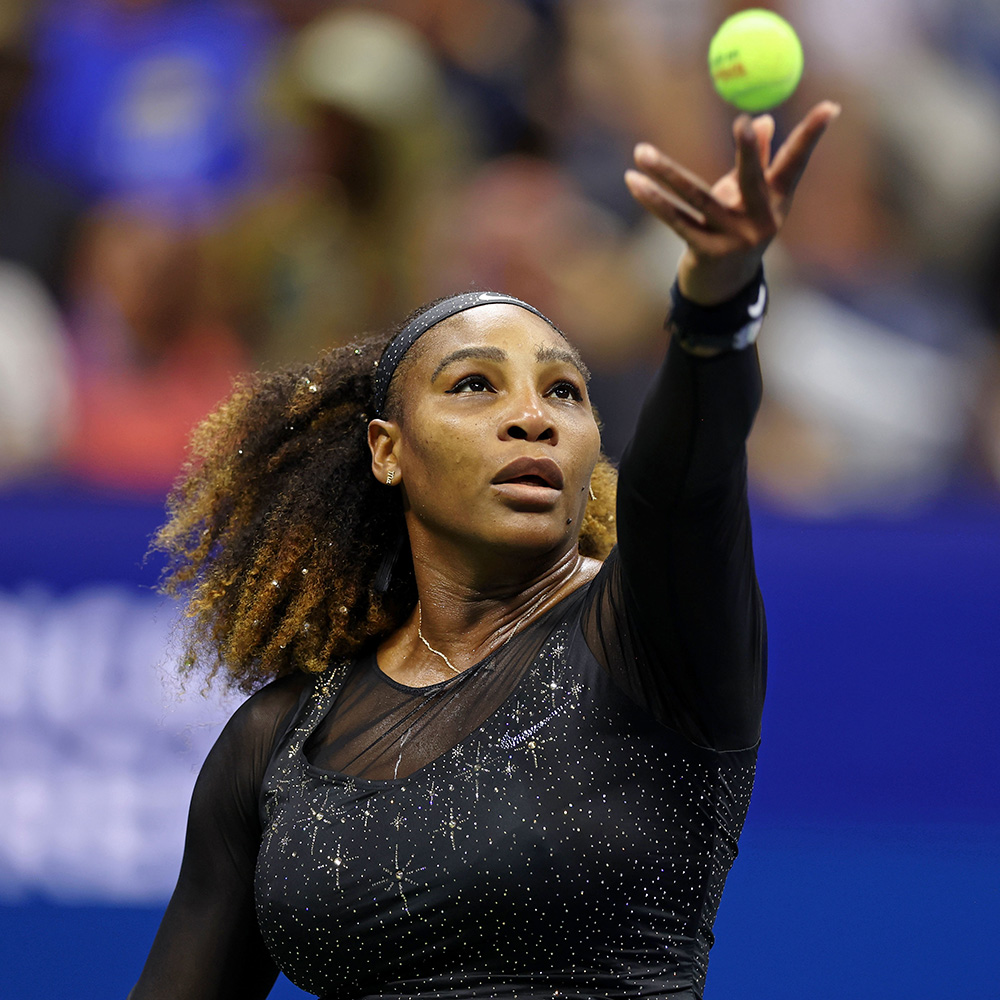 Serena Williams serves the ball during a women's singles match at the 2022 US Open, Monday, Aug. 29, 2022 in Flushing, NY. (Simon Bruty/USTA)