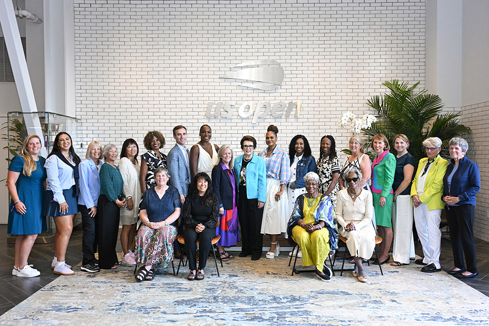 USTA Chairman Brian Vahaly, Venus Williams, US Open Tournament Director Stacey Allaster, Billie Jean King, filmmaker Ava DuVernay, writer Shonda Rhimes, and section honorees including Shaina Zaidi representing Southern California pose together at the 2025 US Open Champions of Equality event.