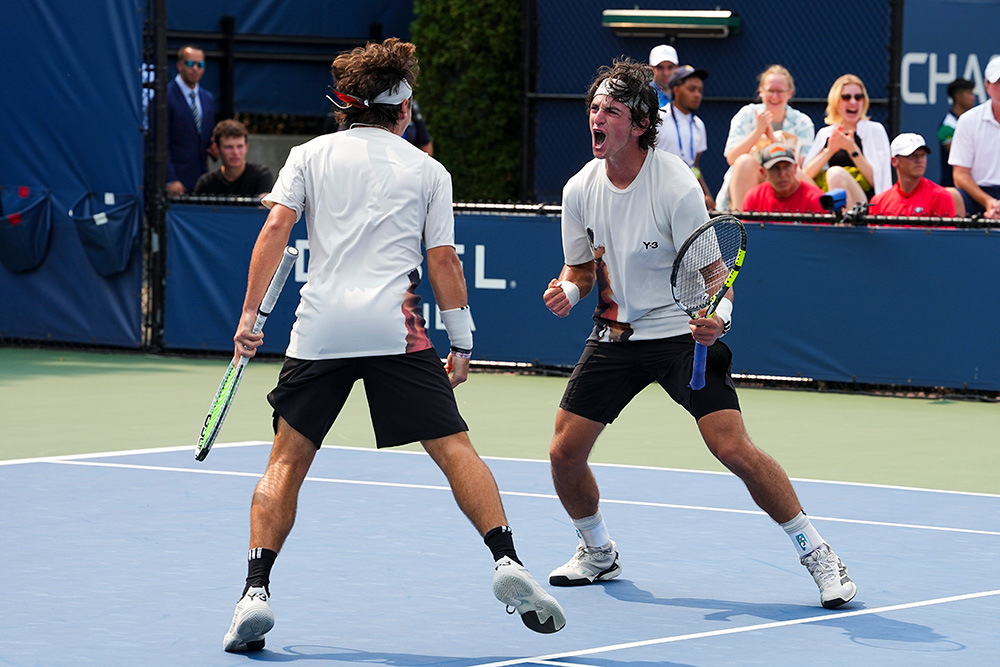 Keaton Hance and Jack Kennedy celebrate after winning the junior boys' doubles championship match at the 2025 US Open on Saturday, Sep. 6, 2025 in Flushing, NY.