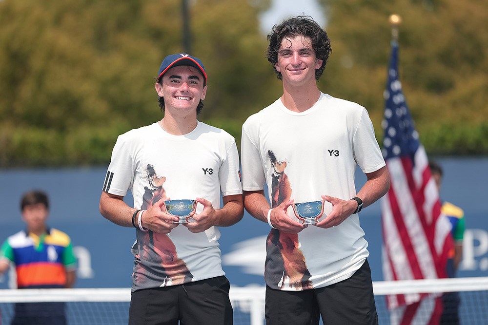 Keaton Hance and Jack Kennedy celebrate after winning the junior boys' doubles championship match at the 2025 US Open on Saturday, Sep. 6, 2025 in Flushing, NY.