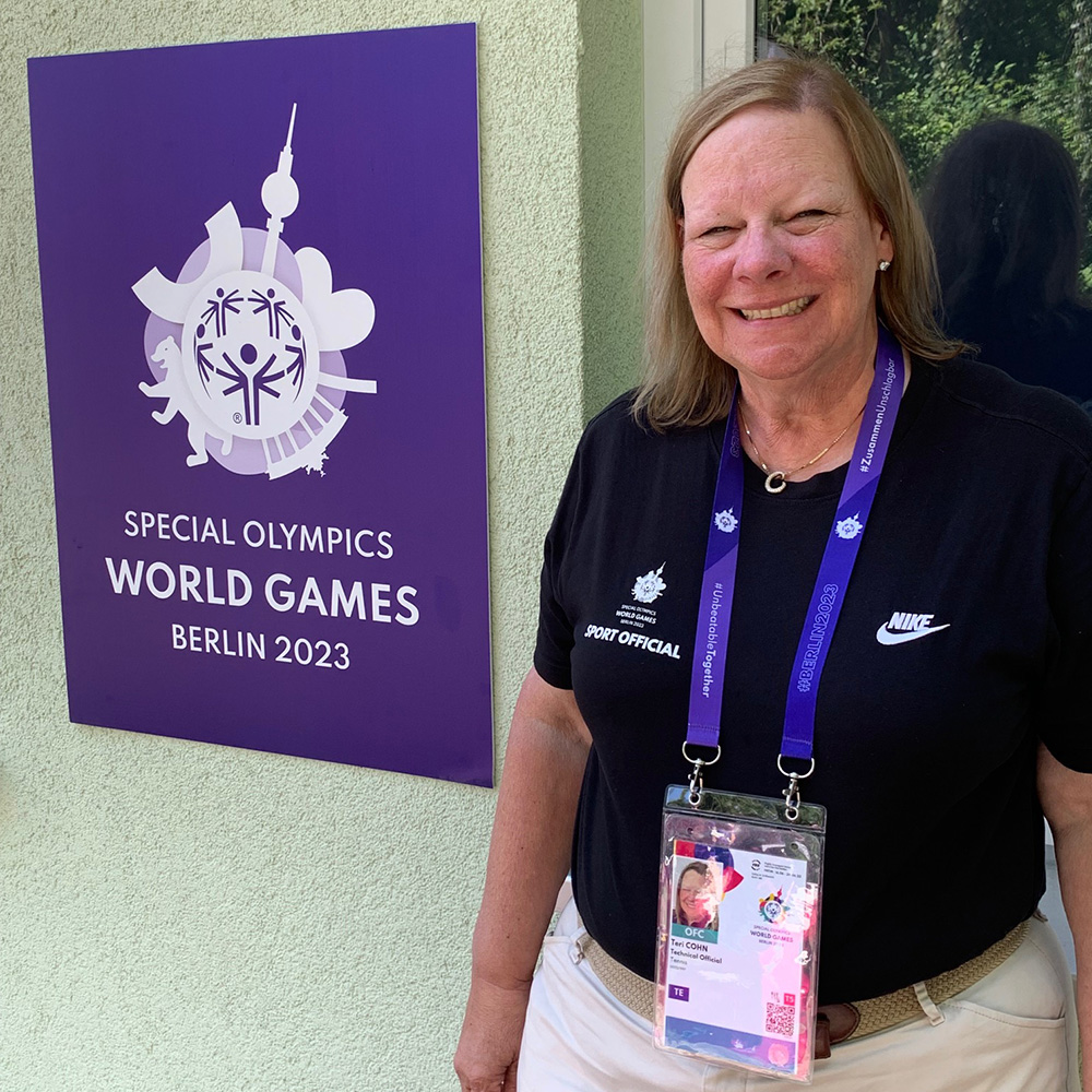 Teri Cohn working the 2023 Special Olympics in Berlin.