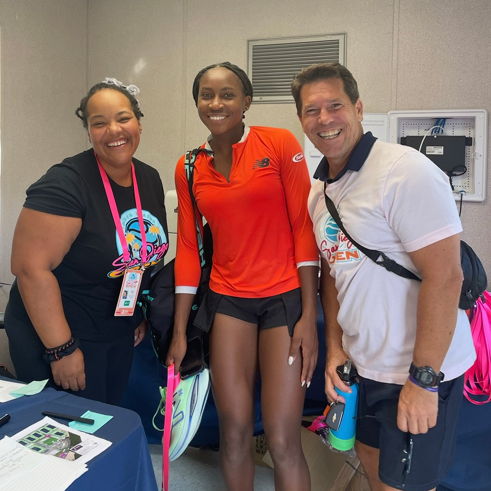 Rachel Bevis, Coco Gauff, and Mike Zarraonandia at the San Diego Open.