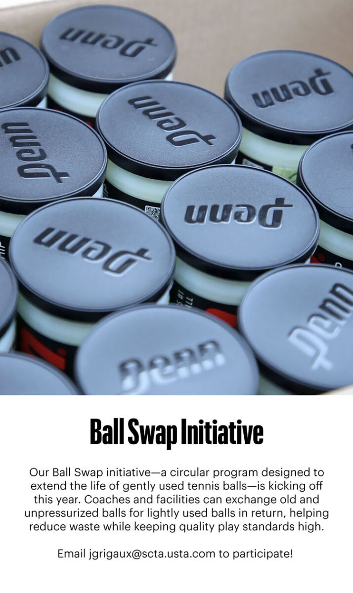 Our Ball Swap initiative—a circular program designed to extend the life of gently used tennis balls—is kicking off this year. Coaches and facilities can exchange old and unpressurized balls for lightly used balls in return, helping reduce waste while keeping quality play standards high.