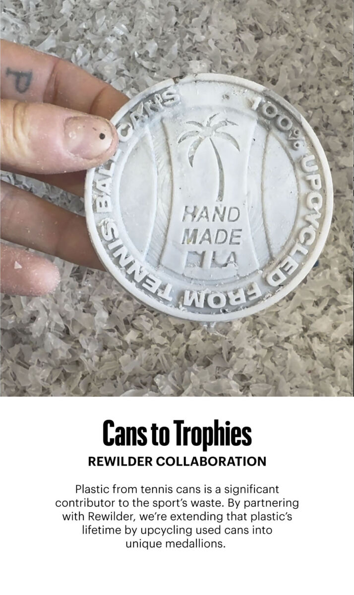 Plastic from tennis cans is a significant contributor to the sport’s waste. By partnering with Rewilder, we’re extending that plastic’s lifetime by upcycling used cans into unique medallions.