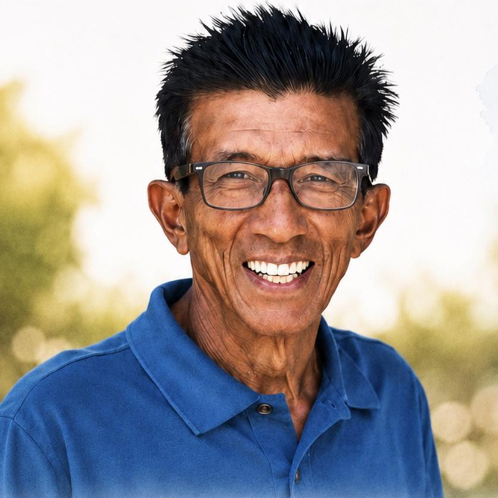 A close-up headshot of Gordon ZawTun smiling broadly. He is wearing a blue polo shirt and dark-rimmed glasses, with his hair styled in a short, spiked look. The background is a soft, warm bokeh of sunlight and greenery.