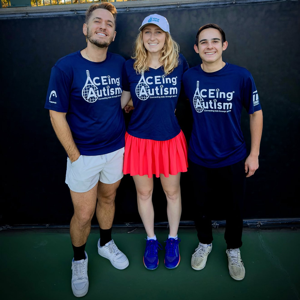 Trey Mihal, Brooke Fennell, and Seth Lindenfeld of Aceing Autism smiling on the tennis court