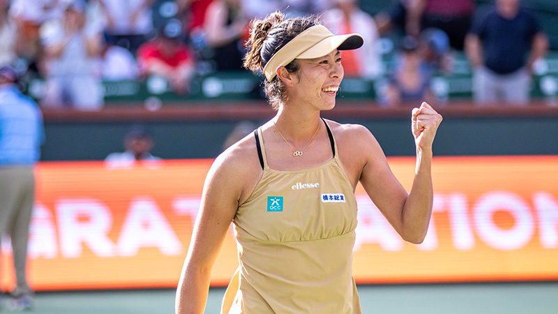 Ena Shibahara celebrates a point at the BNP Paribas Open tournament in Indian Wells