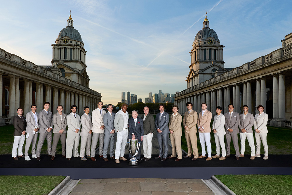 (L-R) Arthur Fery of Team Europe, Rafael Jodar of Team Europe, Jakub Mensik of Team Europe, Casper Ruud of Team Europe, Carlos Alcaraz of Team Europe, Flavio Cobolli of Team Europe, Alexander Zverev of Team Europe, Tim Henman, Vice Captain of Team Europe, Yannick Noah, Captain of Team Europe, Rod Laver, Andre Agassi, Captain of Team World, Patrick Rafter, Vice Captain of Team World, Alex de Minaur of Team World, Taylor Fritz of Team World, Alexander Bublik of Team World, Learner Tien of Team World, Brandon Nakashima of Team World, Francisco Cerundolo of Team World and Ignacio Buse of Team World pose for a photograph at the Old Royal Naval College in Greenwich ahead of Laver Cup 2026 at The O2 on September 23, 2026 in London, England. (Photo by Clive Brunskill/Getty Images for Laver Cup)