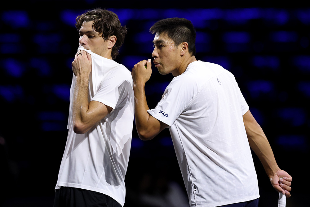 Taylor Fritz and Brandon Nakashima of Team World talk during a practice session ahead of Laver Cup 2026 at The O2 on September 24, 2026 in London, England.