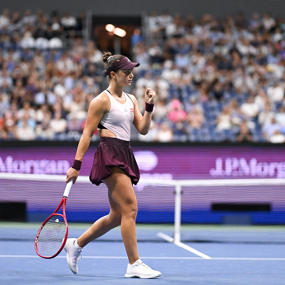 Iva Jovic reacts during her third round singles match at the 2026 US Open at the USTA Billie Jean King National Tennis Center in Flushing, New York, on September 5, 2026.