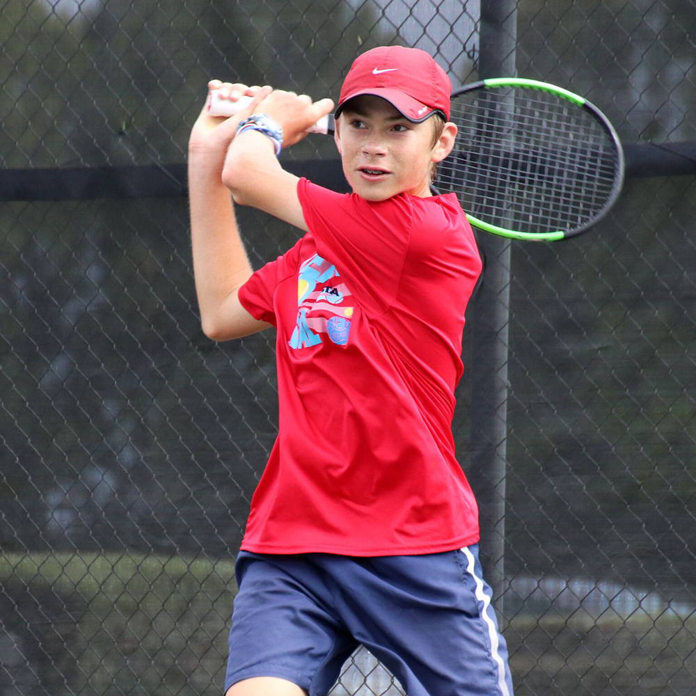 Sebastian Gorzny hits a backhand at the 2019 USTA SoCal Junior Sectionals