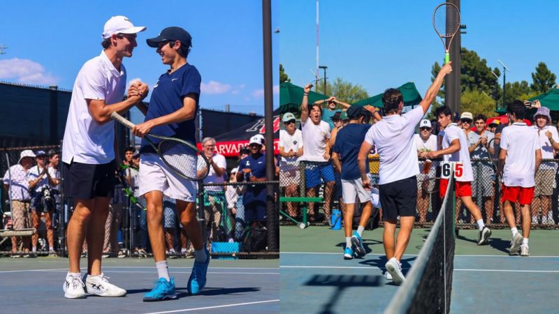 Loyola senior captain Cooper Schwartz playing in honor of longtime doubles partner Braun Levi, teamed up with freshman Kiran Spurling.